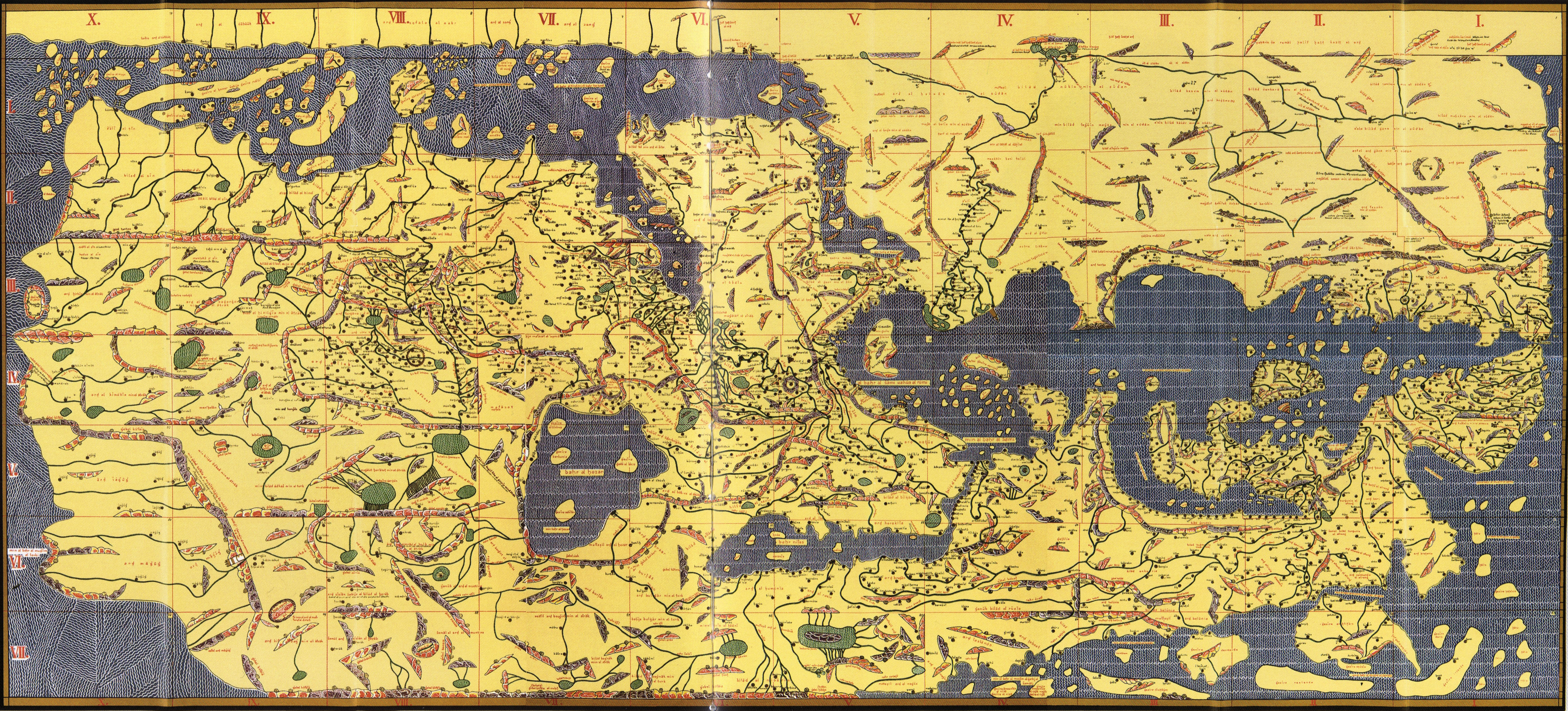 A reconstruction of al-Idrisi's world map, with south at the top, blue seas, red mountain chains and a grid of seventy sections.