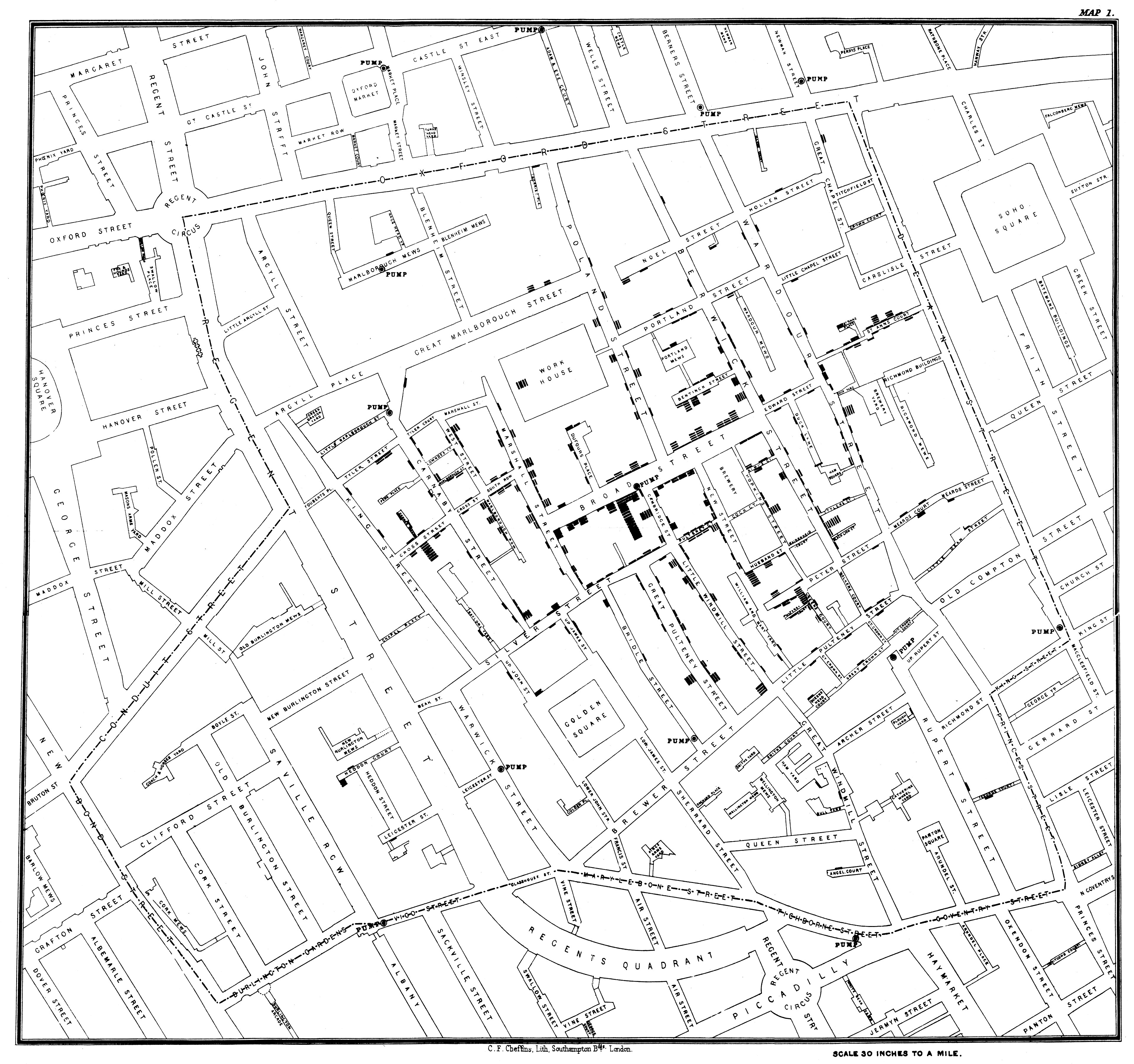 John Snow's map of the 1854 Broad Street cholera outbreak, published in 1855, with deaths marked as black bars beside London streets.