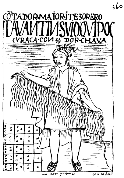 Guaman Poma’s drawing of an accountant holding a khipu across his body, with a compartmented counting board at the lower left.