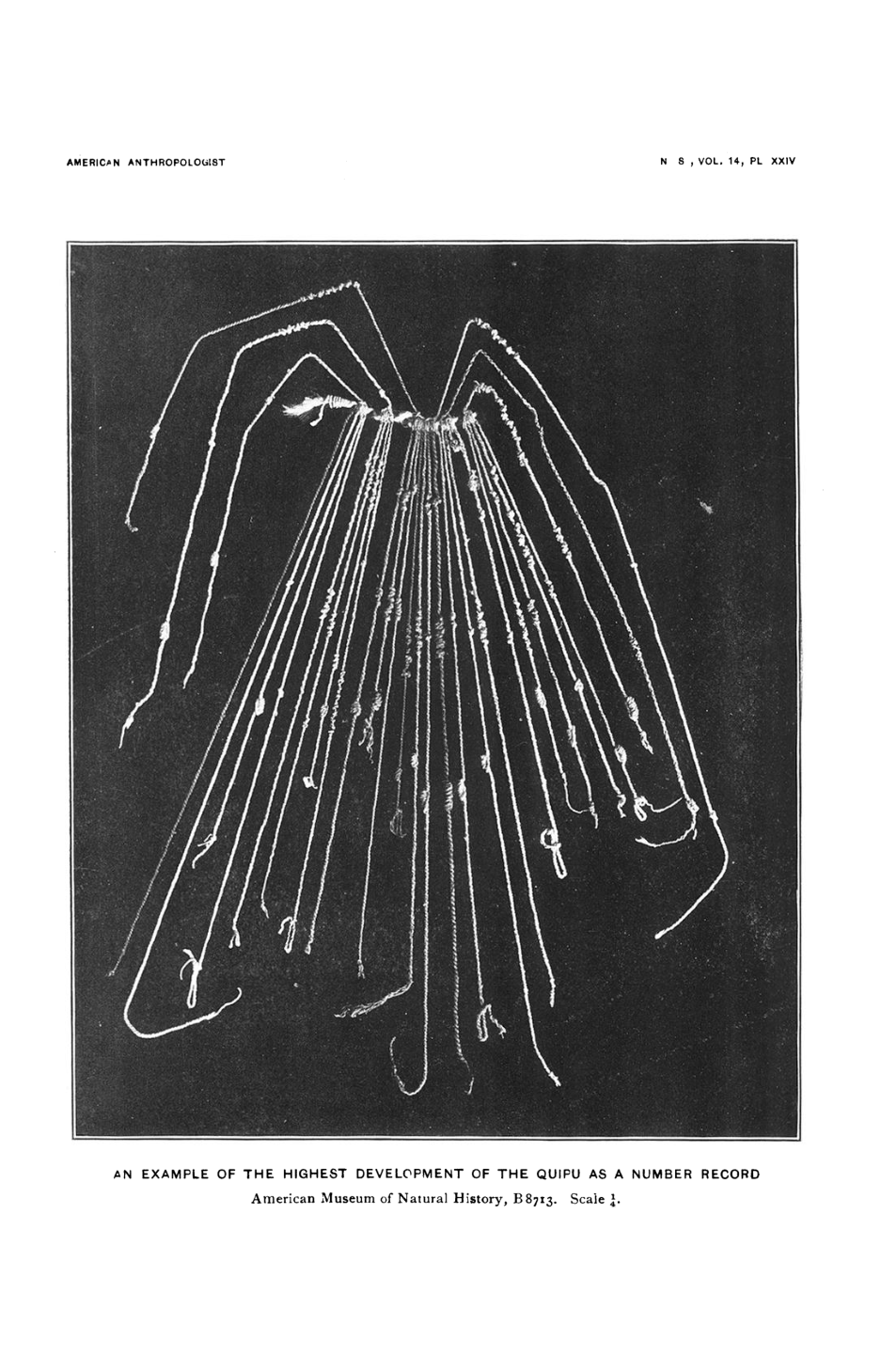 A black-and-white photograph from 1912 shows khipu B8713 spread against a dark background, its pendant cords below and six upper cords raised to either side.